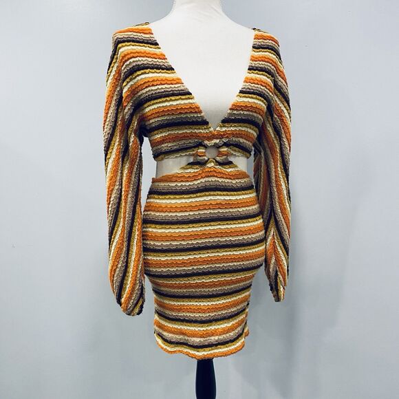 12TH TRIBE S Free Bird Mini Cut Out Dress Crochet Bodycon Stretch Hippie 70s - Picture 4 of 16